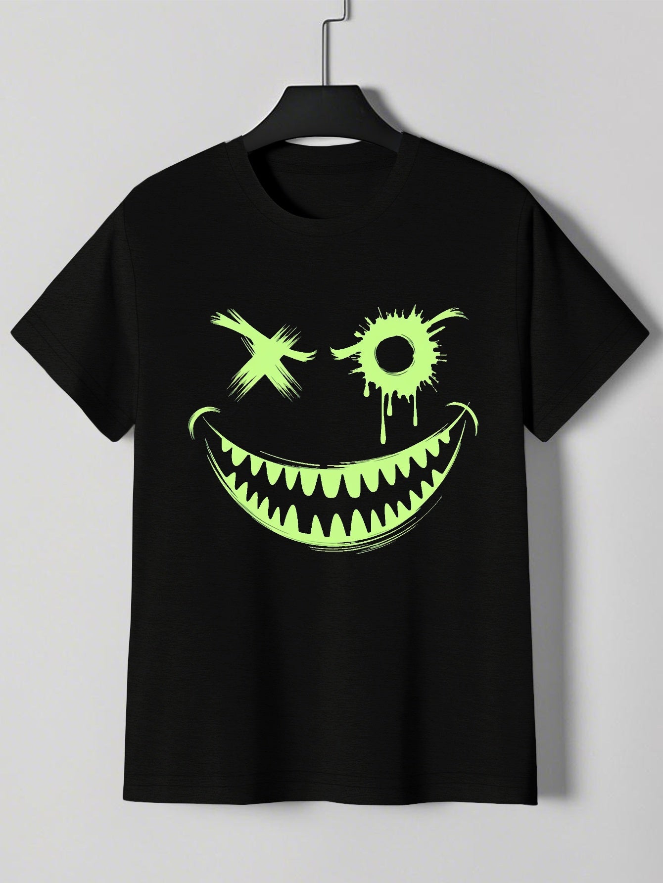 Men's Neon Green Glow-in-the-Dark Mischievous Grin Face Graphic T-Shirt - Lightweight Summer Tee for Parties, Casual Attire & Costume Events - Non-Transparent Casual Shirt for Adults, Playful Design, Machine Washable Fabric