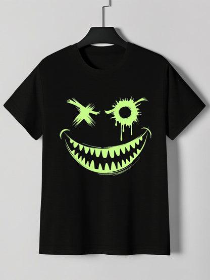Men's Neon Green Glow-in-the-Dark Mischievous Grin Face Graphic T-Shirt - Lightweight Summer Tee for Parties, Casual Attire & Costume Events - Non-Transparent Casual Shirt for Adults, Playful Design, Machine Washable Fabric