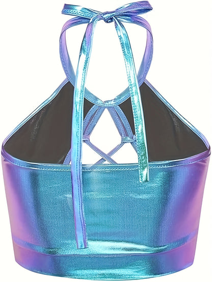 Women'S Sexy Metallic Green Holographic Halter Top - Backless Cut-Out Design, Short Sleeveless Party Wear, Summer Fashion Statement Piece, Sexy Party Wear | Holographic Design | Metallic Finish