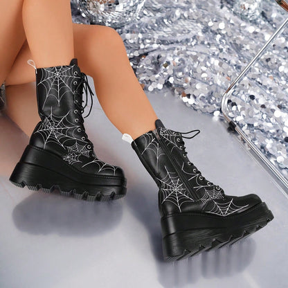 Spooky Style, Black Platform Mid-Calf Boots with Spider Web Design - Casual, All-Season, Zipper Closure, Round Toe, Polyurethane Upper, Fabric Lining & Insole, Casual Footwear|Spooky Theme Boots|Zippered Boots
