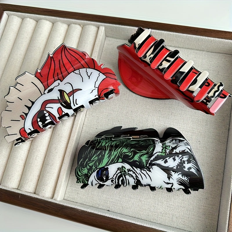 [Halloween Hair Accessories] 5pcs Halloween Hair Clips for Women - Shark, Skull, Pumpkin & More Themed Hairpins with Red Accents, Large Cartoon Design for Punk & Y2K Style, Perfect for Back of Head or Side Buns, Halloween Hai