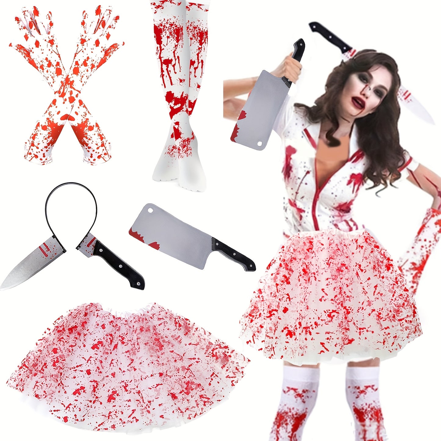 5pcs Halloween Bloody Costume Accessories Set for Women - Includes Gloves, Socks, Knife Headband, Tutu Skirt & Fake Knife - Perfect for Party Cosplay, Halloween Costume Accessories|Spooky Aesthetic|Polyester Fiber, Halloween