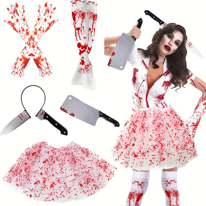 5pcs Halloween Bloody Costume Accessories Set for Women - Includes Gloves, Socks, Knife Headband, Tutu Skirt & Fake Knife - Perfect for Party Cosplay, Halloween Costume Accessories|Spooky Aesthetic|Polyester Fiber, Halloween