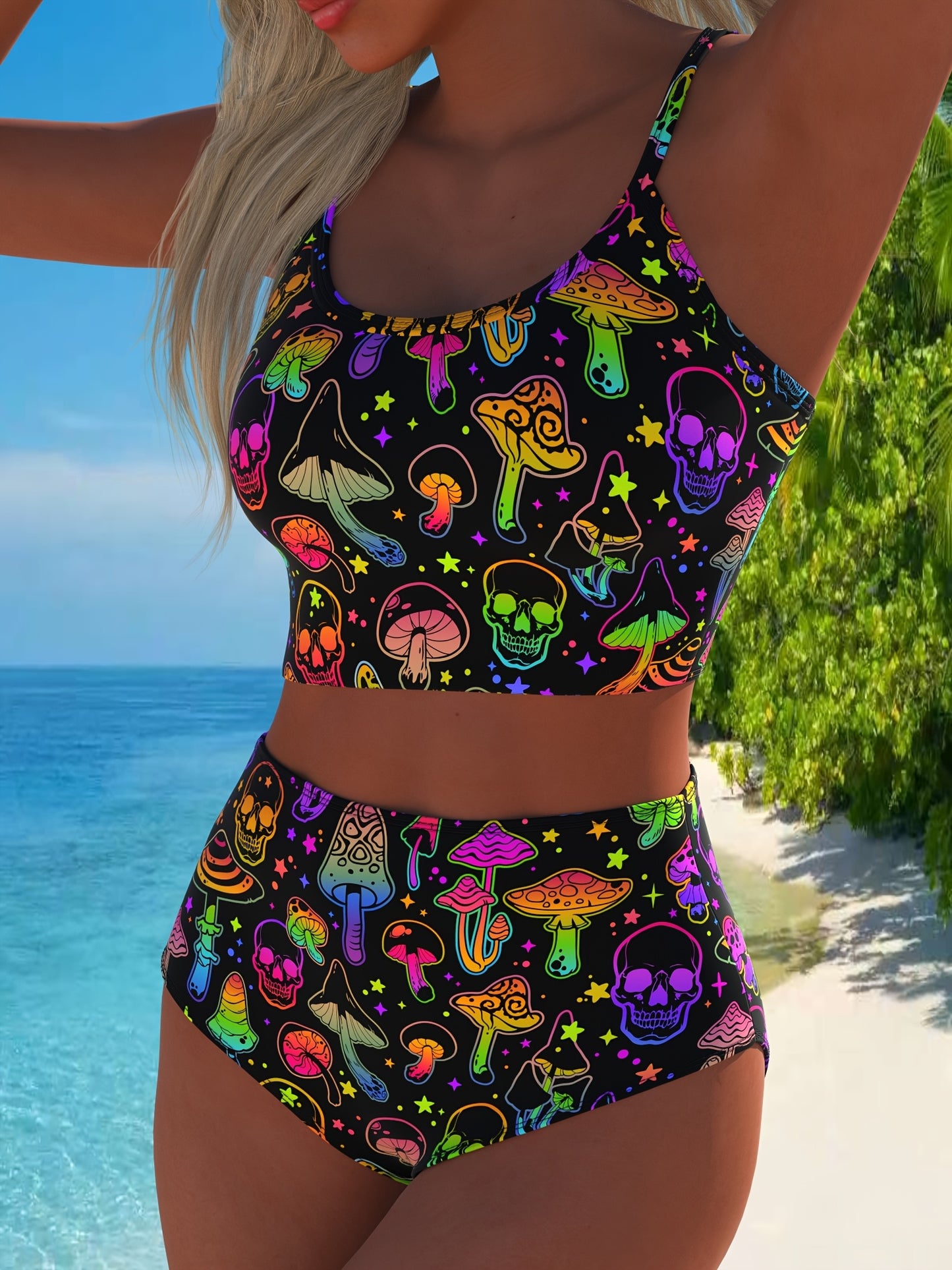 Women'S 2pcs High Stretch Bikini Set with Vibrant Mushroom and Skull Print, Stretchy Polyester Blend, Random Print Design, Machine Washable, Perfect for Beach or Poolsid