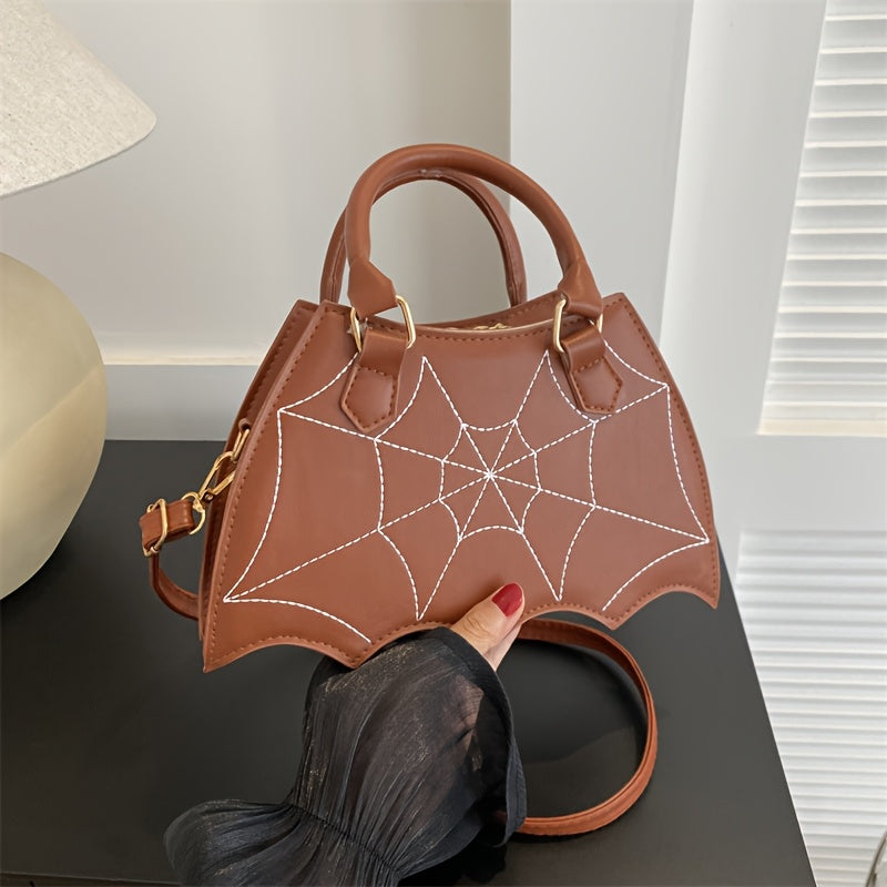 Halloween Women'S Bat Wing Spider Web Handbag - Lightweight Synthetic Faux Leather Tote with Geometric Spider Web Design, Zipper Closure & Detachable Strap, Gothic Style for Daily Use or Party Outfits, Durable Polyester Linin