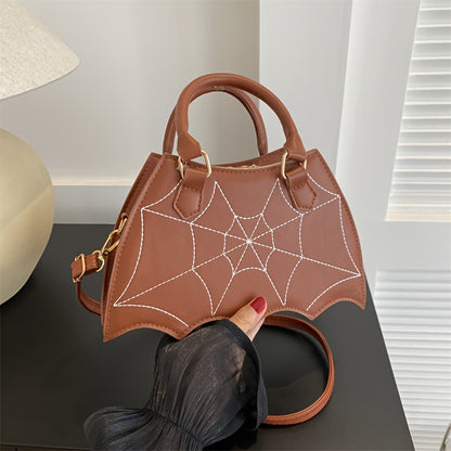 Halloween Women'S Bat Wing Spider Web Handbag - Lightweight Synthetic Faux Leather Tote with Geometric Spider Web Design, Zipper Closure & Detachable Strap, Gothic Style for Daily Use or Party Outfits, Durable Polyester Linin
