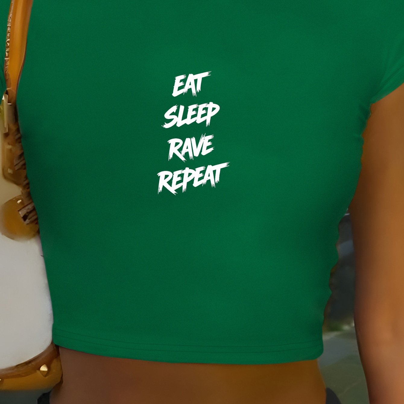 [Y2K Graphic Tee] Pink Polyester Y2K Style Graphic Crop Top T-Shirt - Women's "Eat Sleep Rave Repeat" Crew Neck Tee | Y2K Fashion | Casual Attire, Rave Party Apparel
