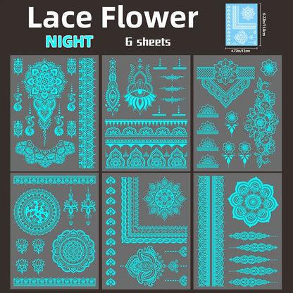 6 Sheets Glow-in-the-Dark Blue Luminous Tattoo Stickers - Tribal White Lace Lotus Mandala Flower Designs, Waterproof Fake Jewelry Pendant Pattern, Perfect for Wedding, Music Festival, Party Supplies and Daily Wear - Easy to A