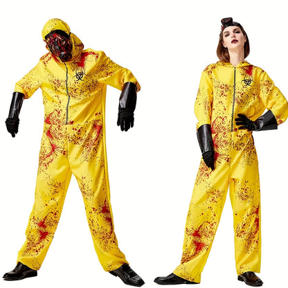 1 Set Full Zombie Costume with Gas Mask & Splatter Effects - Neon Yellow & Red Blood-Splattered Outfit, Hazmat Suit Design with Black Gloves - Easy-to-Wear Outfit for Halloween Costumes, Themed Parties & Horror Events (No Mas