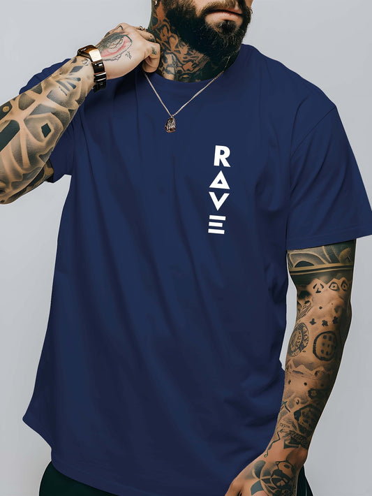 R V Men's Short Sleeve T-Shirt - Vibrant Yellow with Bold RAVE Graphic Print, Breathable Round Neck Casual Top for Summer Beach Resorts & Outdoor Activities