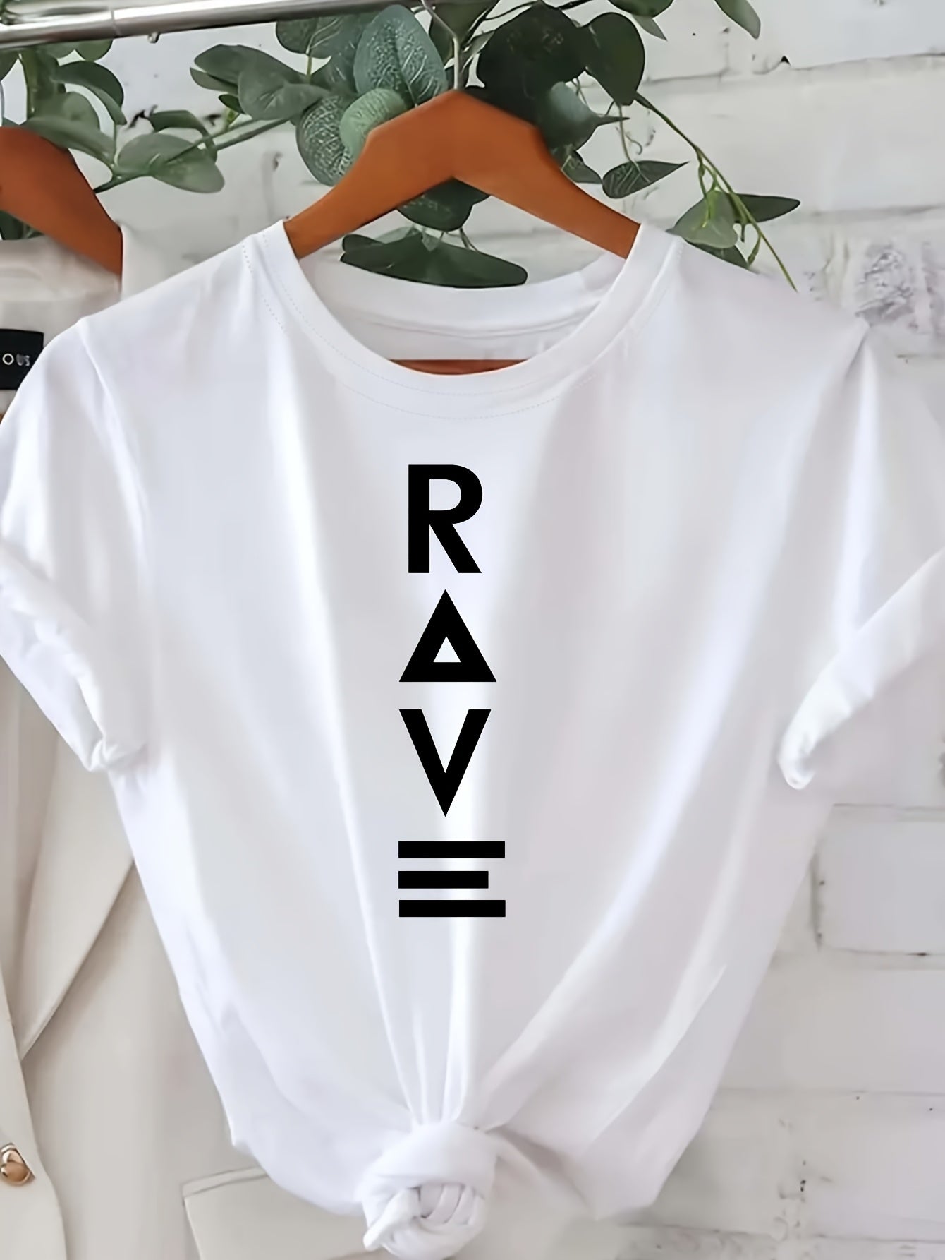 Women's Casual Short Sleeve T-Shirt - Black with Vertical White RAVE Print, Relaxed Fit Round Neck, Machine Washable All-Season Comfort Top, Rave Clothing, Classic Round Neck, Nontransparent Fabric