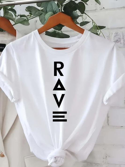 Women's Casual Short Sleeve T-Shirt - Black with Vertical White RAVE Print, Relaxed Fit Round Neck, Machine Washable All-Season Comfort Top, Rave Clothing, Classic Round Neck, Nontransparent Fabric