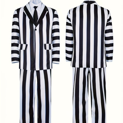 Adam Role Play Costume Men'S Black and White Striped Suit Jacket Shirt Pants Set Halloween Carnival Cosplay Anime Costume