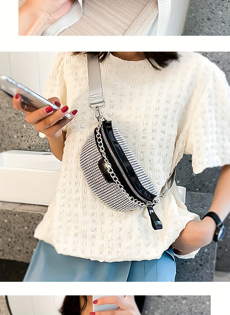 Shining Rhinestone Waist Bag, Bling-Bling belt bag for Women, Trendy Chain Decor Crossbody Chest Bag Bum Bag belt bag