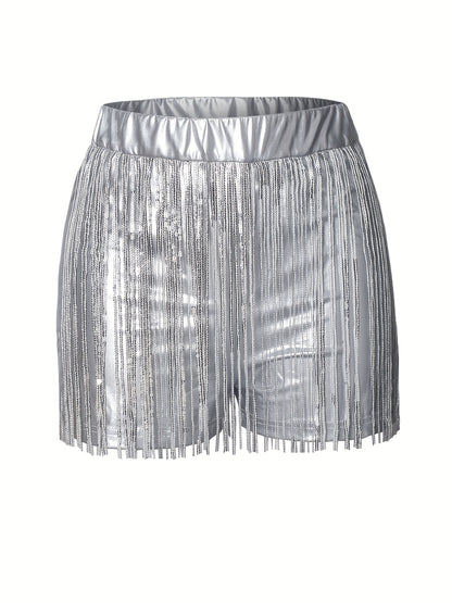 Women'S Elegant Sequin Fringe Shorts - High-Waisted, Glittery Silver, Flowy Design, Perfect for Summer Casual Wear, High Waisted Shorts