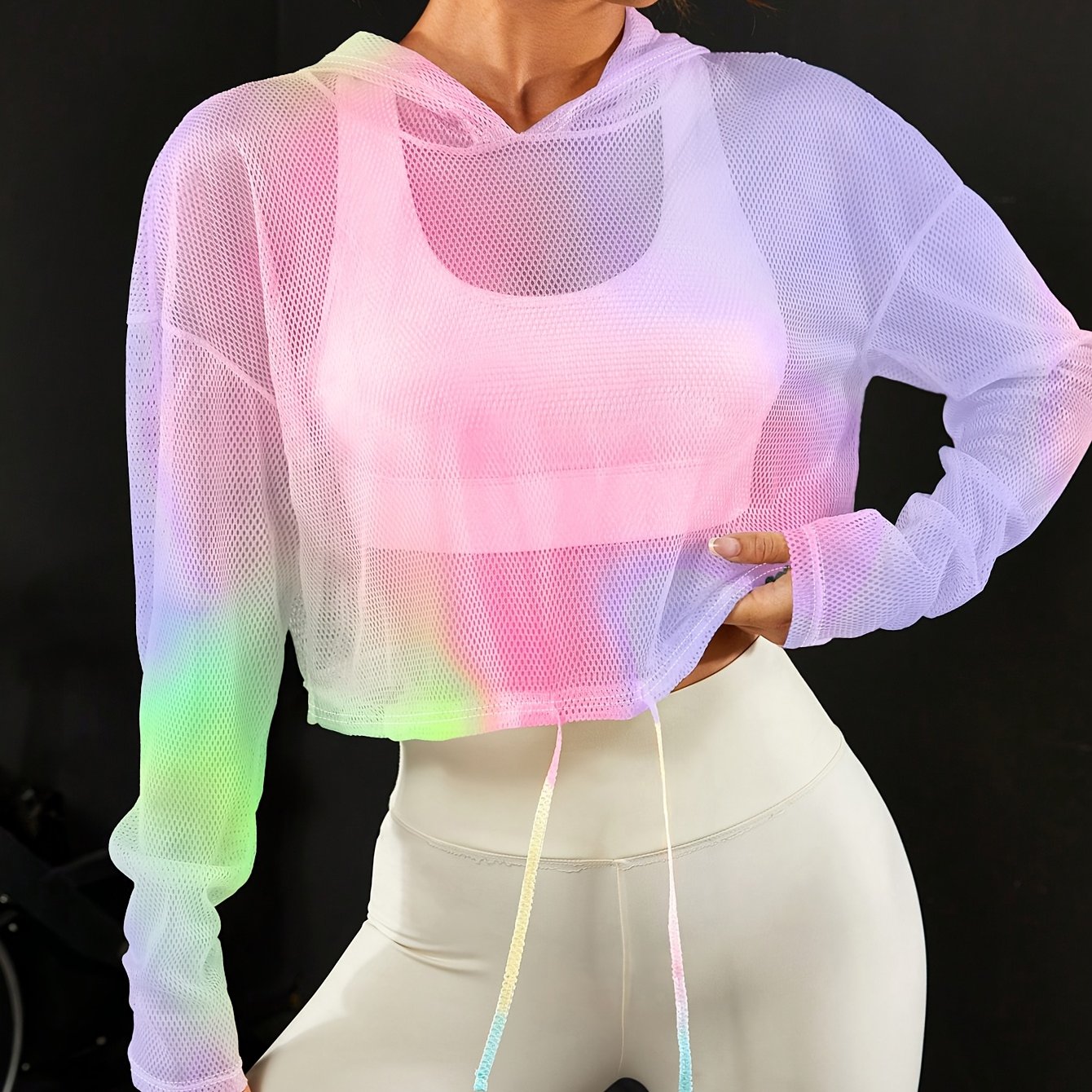 Gradient Color Loose-Fit Breathable Mesh Hoodie - Women's Casual Fashion Long Sleeve T-Shirt with Drawstring Hood, Colorful, Sports