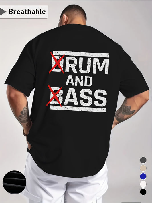 1pc Men'S Casual Crew Neck T-Shirt - Polyester Knit Fabric with Medium Stretch, Short Sleeve Print Top for Going Out, Summer Season - Regular Fit H Tee with "Drum & Bass" Slogan Design