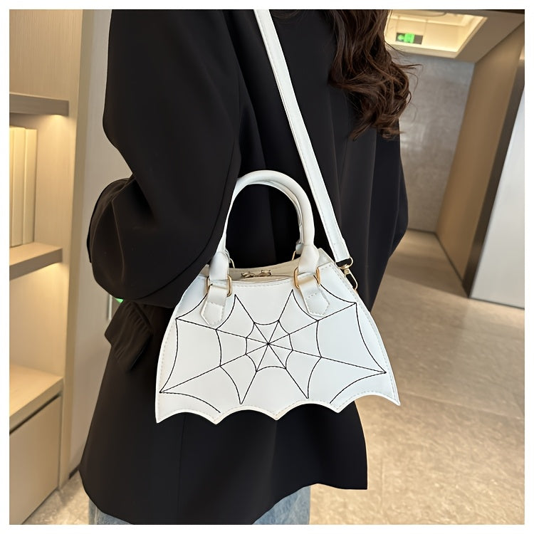 Halloween Women'S Bat Wing Spider Web Handbag - Lightweight Synthetic Faux Leather Tote with Geometric Spider Web Design, Zipper Closure & Detachable Strap, Gothic Style for Daily Use or Party Outfits, Durable Polyester Linin