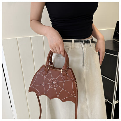 Halloween Women'S Bat Wing Spider Web Handbag - Lightweight Synthetic Faux Leather Tote with Geometric Spider Web Design, Zipper Closure & Detachable Strap, Gothic Style for Daily Use or Party Outfits, Durable Polyester Linin