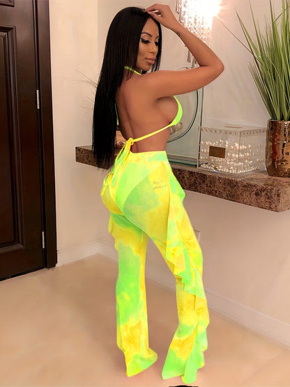 Sexy Tie Dye Matching Two-piece Set, Crop Halter Top & Fringe Hem Pants Outfits, Women's Clothing