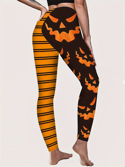 [Halloween Leggings for Women] Halloween Women's Tight-Fitting Leggings | Stretchy Polyester-Spandex Blend, Jack-O'-Lantern & Striped Print, All-Season Machine Washable Casual Pants for Adults