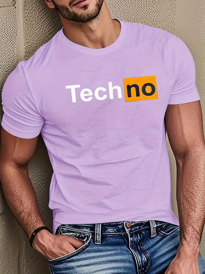 Men's Casual Summer T-Shirt - Soft Breathable Fabric with Bold "Techno" Letter Print & Orange Accent, Ribbed Collar, Regular Fit for Casual Attire, Summer T Shirts, Classic Round Neckline, Comfortable Tee Construction