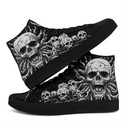 Men'S Plus Size Gothic Punk High-Top Sneakers with Skull Print, Black Casual Shoes for Streetwear & Everyday Comfort, Lace-Up Round Toe Design, Rubber Sole, Fabric Upper, Perfect for Parties, Concerts & Daily Wear, Everyday C