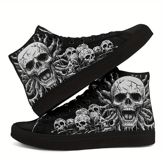 Men'S Plus Size Gothic Punk High-Top Sneakers with Skull Print, Black Casual Shoes for Streetwear & Everyday Comfort, Lace-Up Round Toe Design, Rubber Sole, Fabric Upper, Perfect for Parties, Concerts & Daily Wear, Everyday C