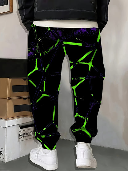 Men's 3D Neon Green Print Joggers - Black Casual Pants with Adjustable Drawstring Waist & Pockets, Regular Fit for Lounge, Gym, Casual Attire - Machine Washable, Adjustable Joggers | Trendy Joggers | Comfortable Fit