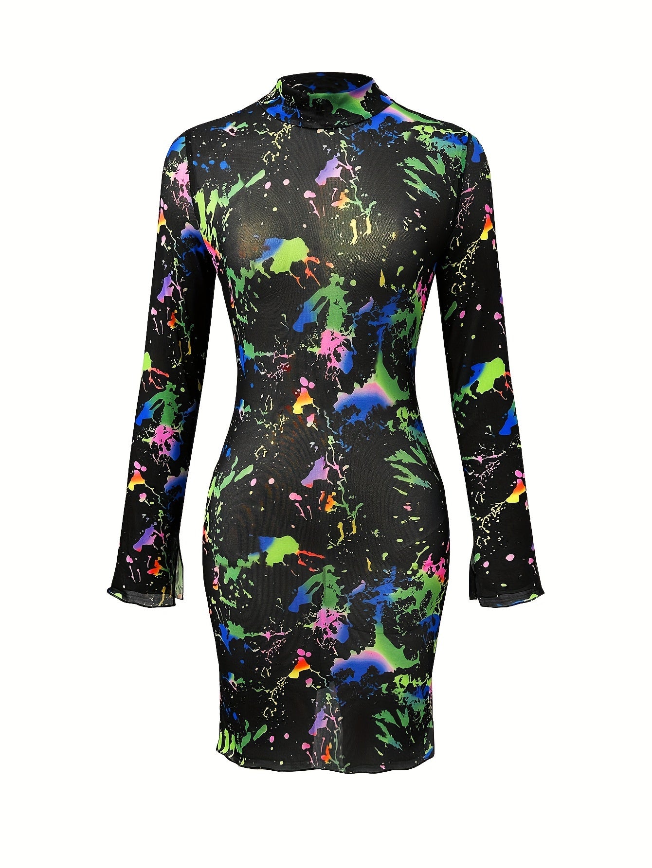 Women's Sexy Semi-Sheer Mesh Long Sleeve Dress - Colorful Paint Splatter Print, High Elasticity Bodycon Fit with Side Slit, Machine Washable All-Season Party & Casual Outfit, Evening Wear