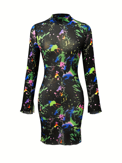 Women's Sexy Semi-Sheer Mesh Long Sleeve Dress - Colorful Paint Splatter Print, High Elasticity Bodycon Fit with Side Slit, Machine Washable All-Season Party & Casual Outfit, Evening Wear