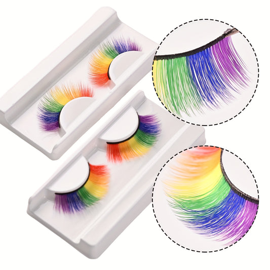 2 Pairs of Vibrant Rainbow Colored Eyelashes - Voluminous, Curly, and Reusable - 10-12mm & 13-15mm Lengths - Perfect for Beginners - Bold and Colorful Look for Any Occasion, Rainbow Accessories