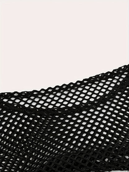 Y2K Fishnet Hollow Out Crop Sweater, Long Sleeve Solid Color Shrug Top For Summer & Spring, Women's Clothing