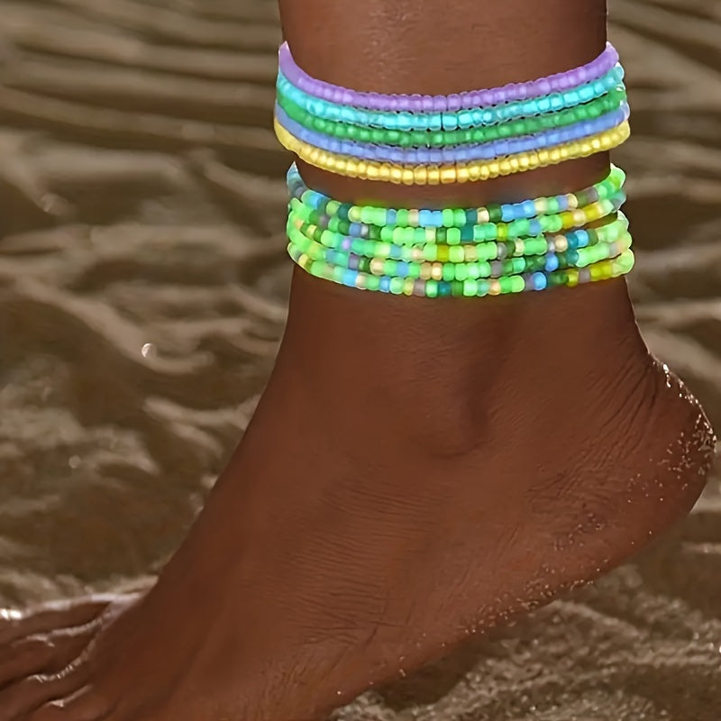 10pcs Bohemian Cute Glow-in-the-Dark Colorful Seed Bead Anklets, Elegant Everyday Jewelry Accessories For Beach Outings