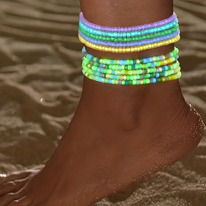 10pcs Bohemian Cute Glow-in-the-Dark Colorful Seed Bead Anklets, Elegant Everyday Jewelry Accessories For Beach Outings