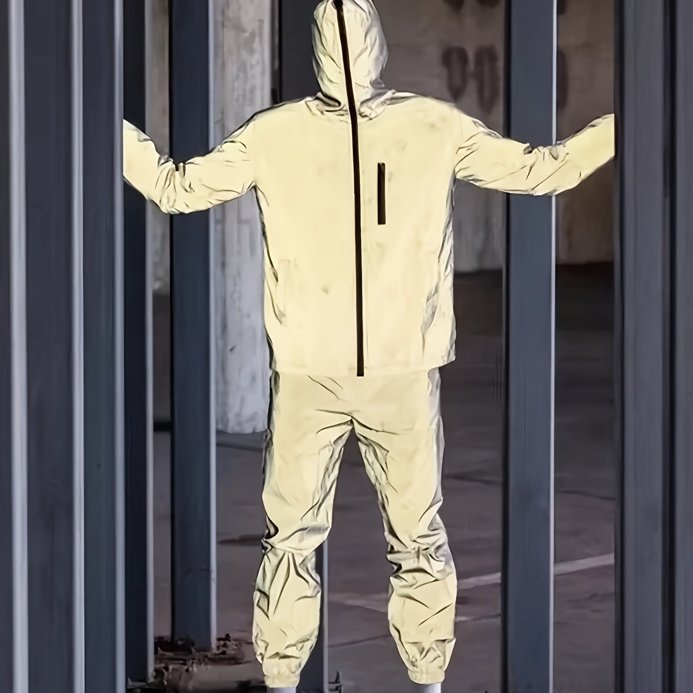 Men'S Spring/Fall Nighttime Reflective Windproof Casual Sports Cycling Hiking Party Street Dance Performance Hooded Zipper Set Jacket + Pants
