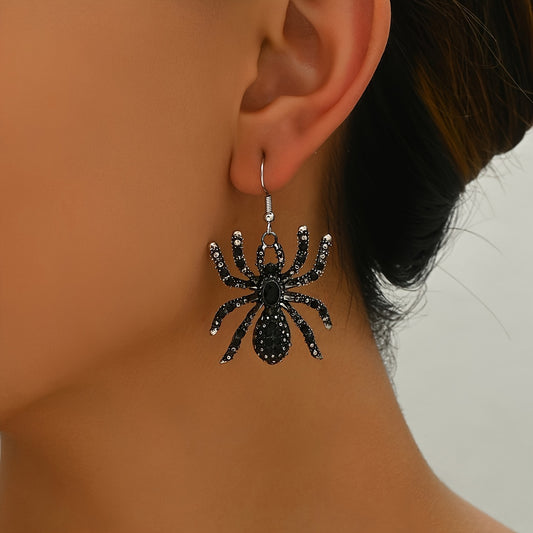 [Gothic Spider Earrings] Gothic Halloween Rhinestone Spider Pendant Earrings - Pair of Black Faux Spider Dangle Jewelry with Sparkling Crystals | Zinc Alloy & Iron Posts | Women's Party Festive Accessories | Gothic Style | Rh