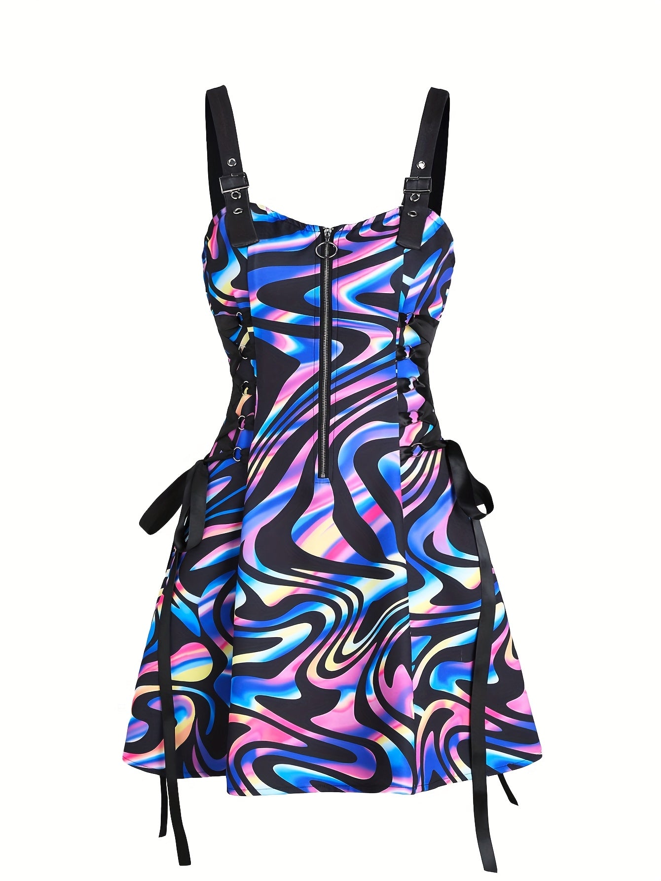 Women's Sleeveless Rainbow Striped Polyester Dress with Adjustable Straps and Front Zipper Closure - Casual Chic Design for All Seasons, Cute Dresses