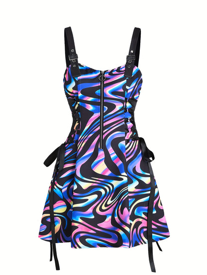 Women's Sleeveless Rainbow Striped Polyester Dress with Adjustable Straps and Front Zipper Closure - Casual Chic Design for All Seasons, Cute Dresses