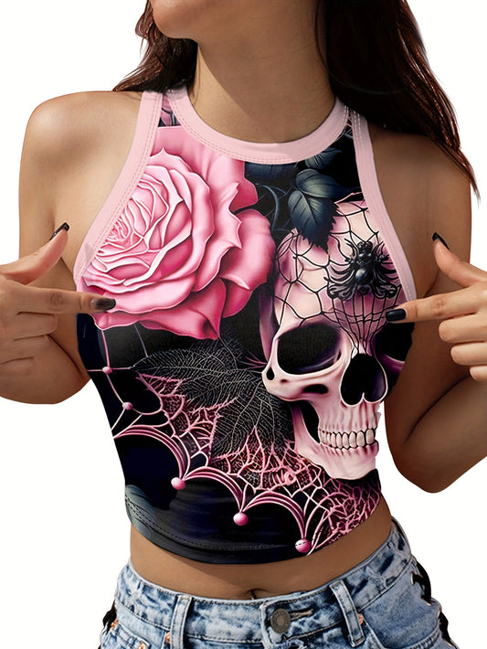 Women's Halloween Skull & Floral Spider Web Print Sexy Crop Top - Stretchy High Elasticity Short Sleeve Round Neck Summer Fashion Top, Machine Washable, Halloween Clothes