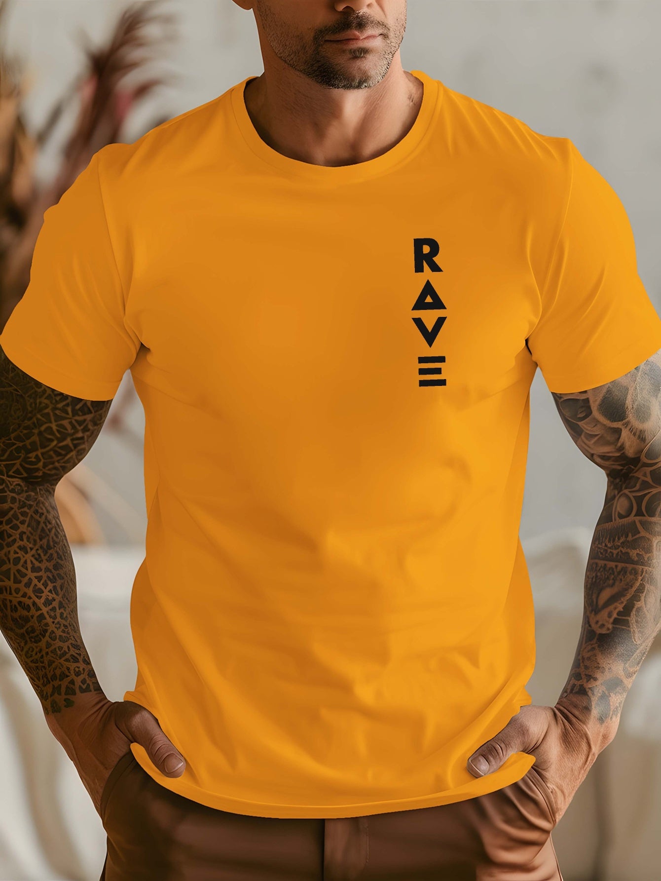 R V Men's Short Sleeve T-Shirt - Vibrant Yellow with Bold RAVE Graphic Print, Breathable Round Neck Casual Top for Summer Beach Resorts & Outdoor Activities
