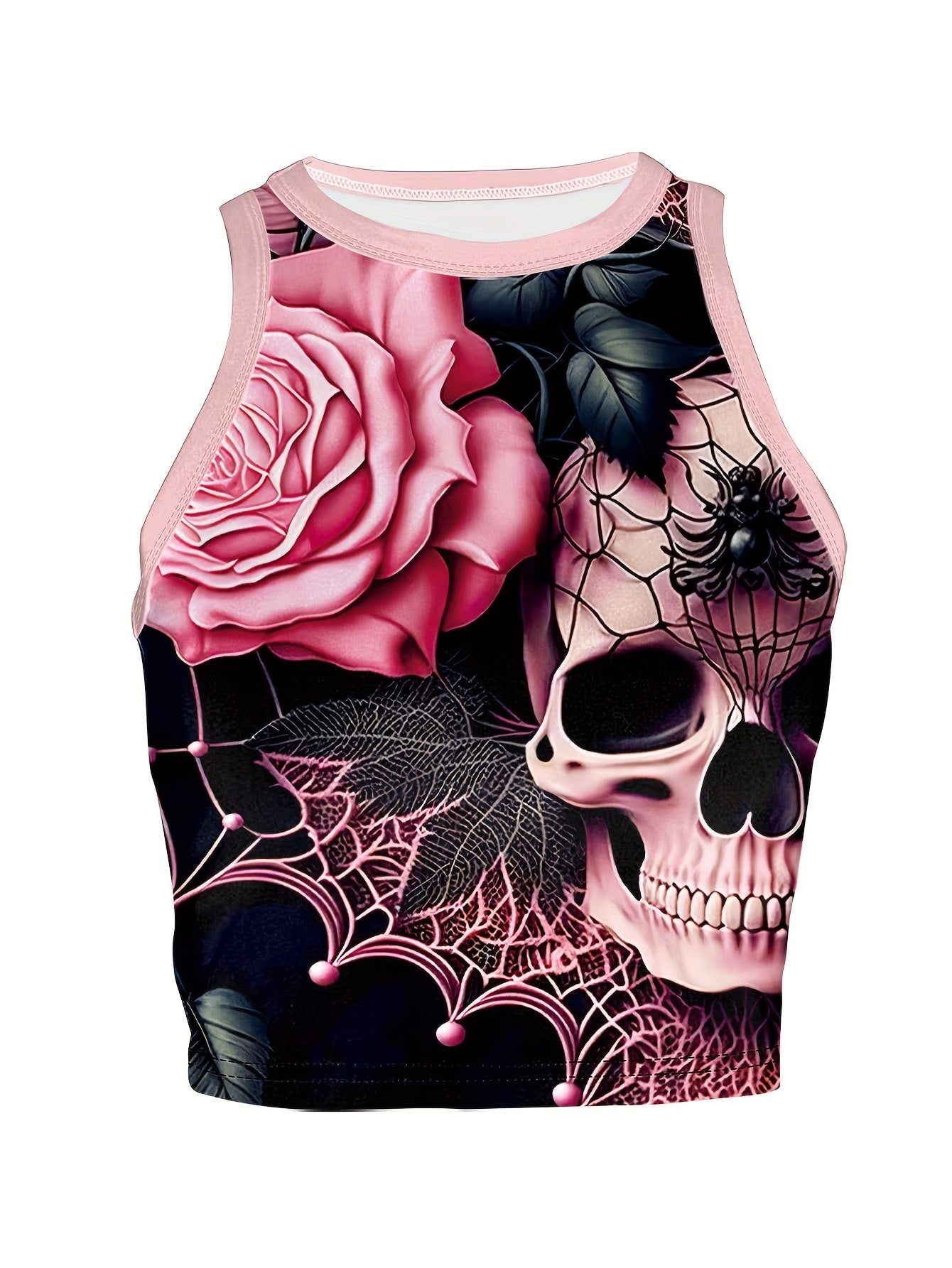 Women's Halloween Skull & Floral Spider Web Print Sexy Crop Top - Stretchy High Elasticity Short Sleeve Round Neck Summer Fashion Top, Machine Washable, Halloween Clothes