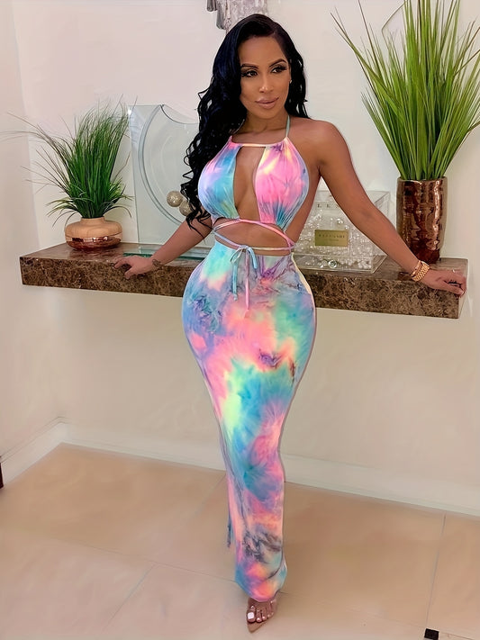 Women's Sexy Elegant Tie-Dye Print Halter Neck Bodycon Dress with Slit Detail - Long Sleeveless Machine Washable All-Season Party & Casual Outfit, Versatile Fashion, Sleek Fit Fabric, Sophisticated Craftsmanship