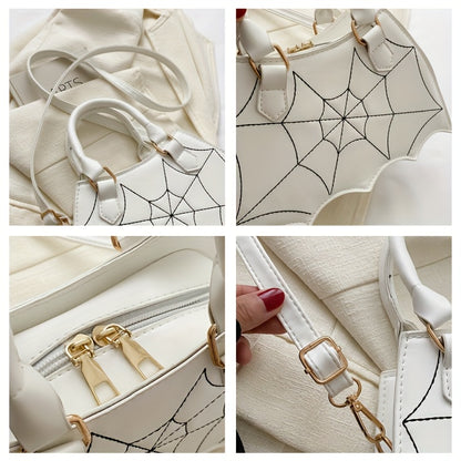 Halloween Women'S Bat Wing Spider Web Handbag - Lightweight Synthetic Faux Leather Tote with Geometric Spider Web Design, Zipper Closure & Detachable Strap, Gothic Style for Daily Use or Party Outfits, Durable Polyester Linin
