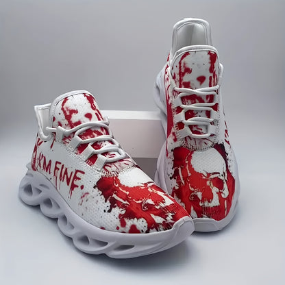 Men'S Halloween Sneakers - Blood Splatter Skull Design, Lightweight MD Sole, Breathable Fabric, Lace-Up Training Shoes for Gym, Streetwear, Parties - Red & White Gothic Style, All-Season Casual Wear, Bold Print, Fashionable T
