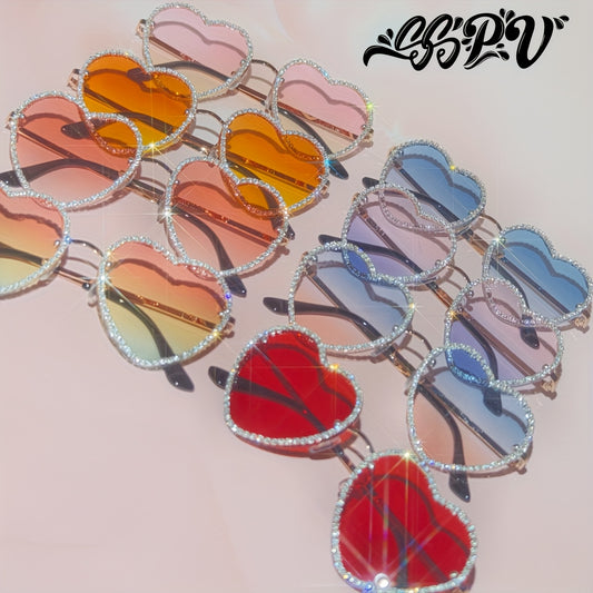SSPV Rhinestone Heart Fashion Glasses - Sparkling Love-Shaped Shades in Multiple Colors, Glittery Gradient Lenses with Black Frames, Perfect for Festivals, Parties & Fashion Accessories, Party Eyewear, Rhinestone Embellishmen