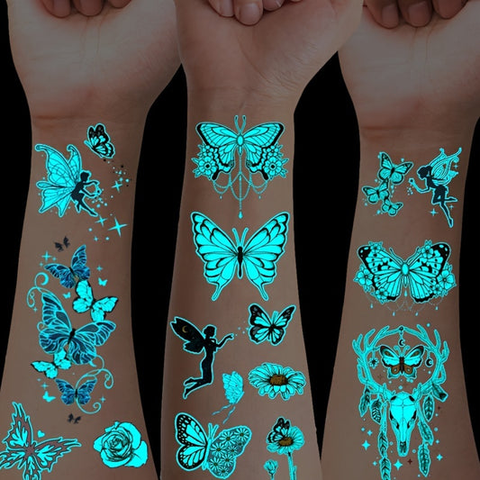 12 Sheets Luminous Glow in the Dark Temporary Tattoos - Waterproof Fake Tattoo Stickers with Butterfly & Floral Designs, Neon Blue Glow for Nightclub, Festival, Party Decoration, Festival Body Art | Mystical Design Elements |
