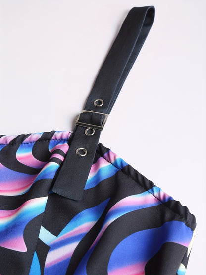 Women's Sleeveless Rainbow Striped Polyester Dress with Adjustable Straps and Front Zipper Closure - Casual Chic Design for All Seasons, Cute Dresses