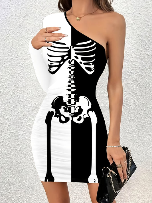 Women'S Elegant One-Shoulder party & Formal Dress - Black and White Skeleton, Bodycon Fit, All-Season Evening gown for Women, Halloween Party Outfit Everyday Chic Attire, Halloween Dress, Evening Wear, Skeleton Print, Stylish