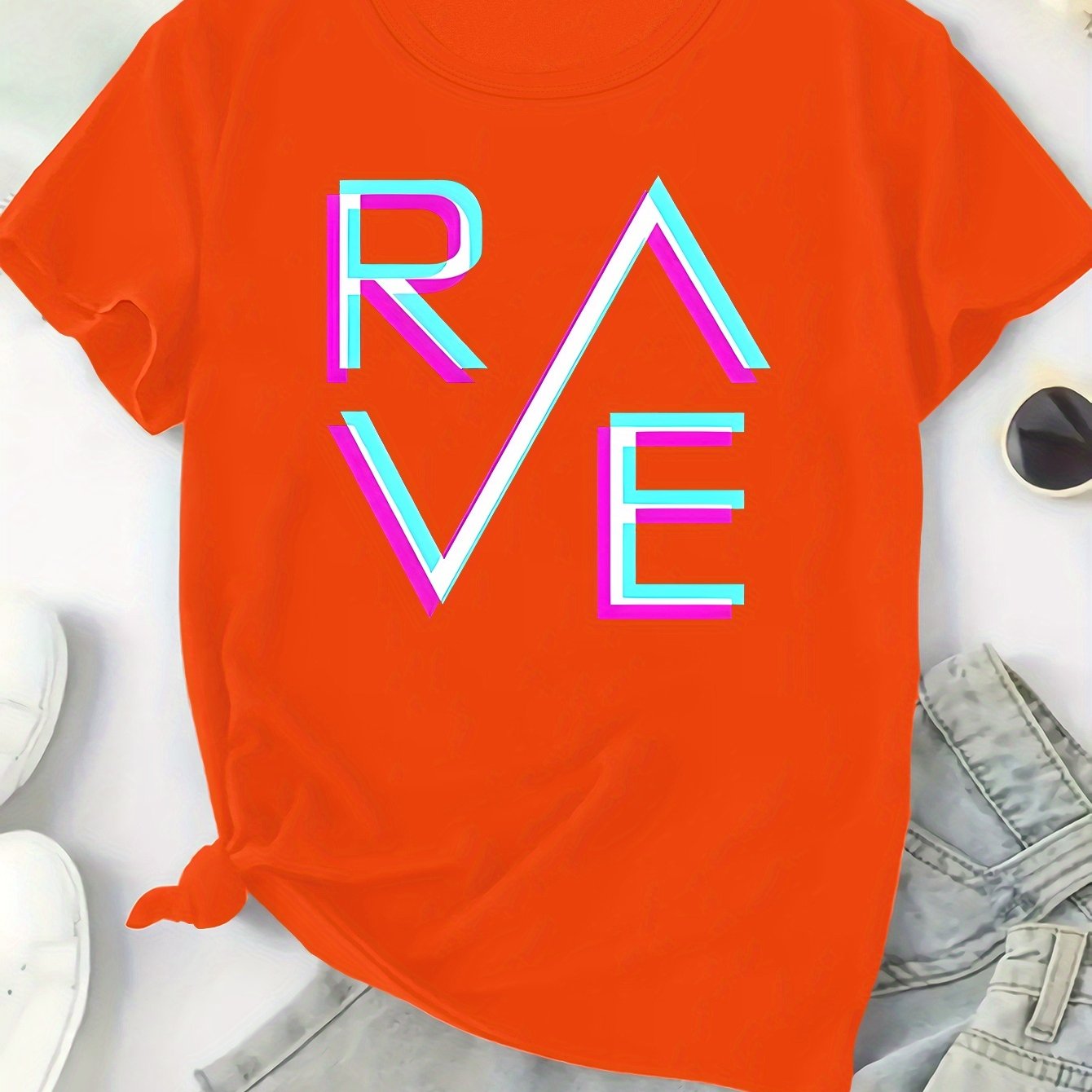 Plus Size, Women's Plus Size T-Shirt - Bright Orange with Neon BLUE-PINK RAVE Graphic - Stretchy Fabric Casual Party Outfit for Concerts, Clubwear - Everyday & Special Occasion Tops - Machine Washable All-Season Women's Cloth
